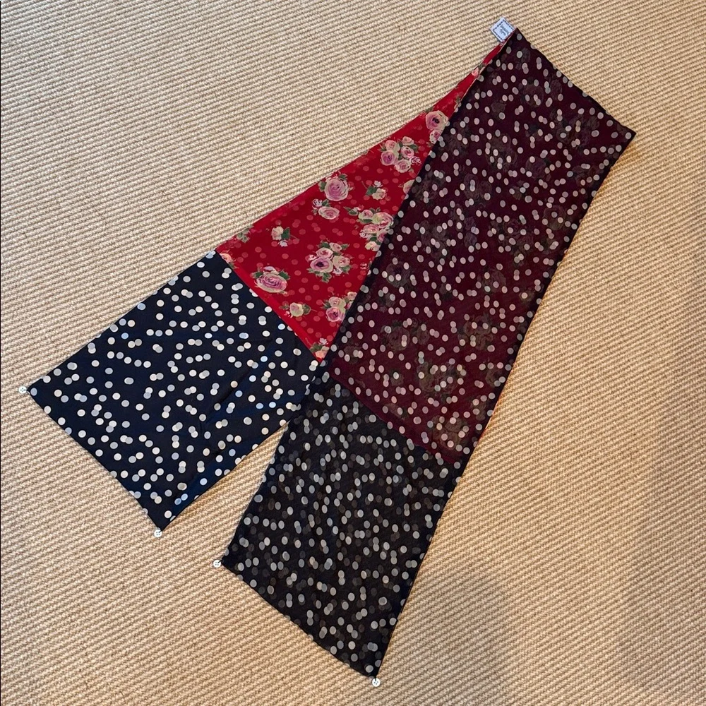 Handmade Long Silk Scarf by Earthly Possessions- Black w/ Dots & Red w/ Roses
